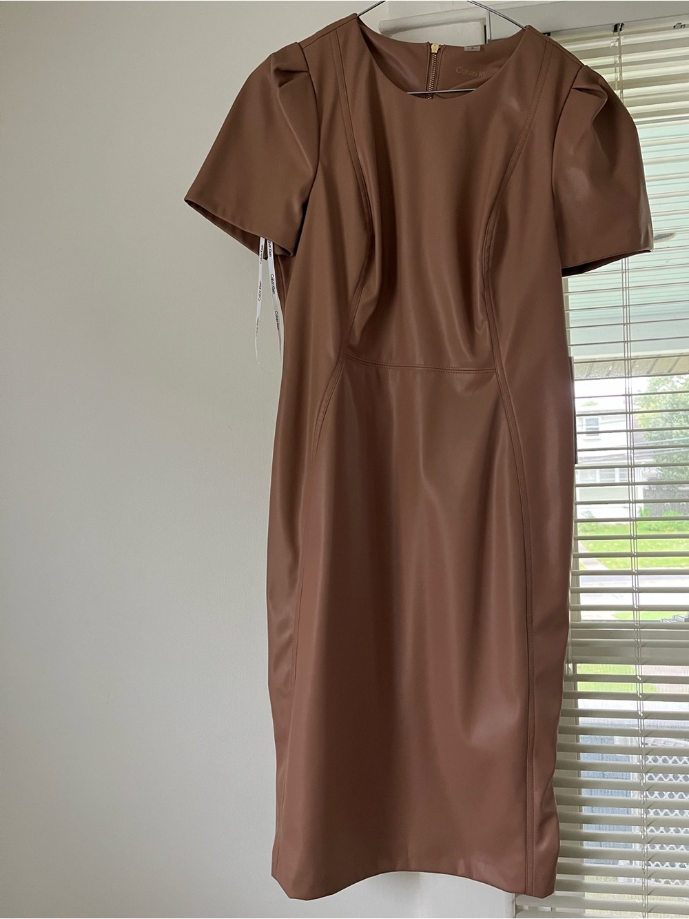 Calvin Klein Cream Brown Blush colored Faux Leather Sheath Dress, NWT, Size 10